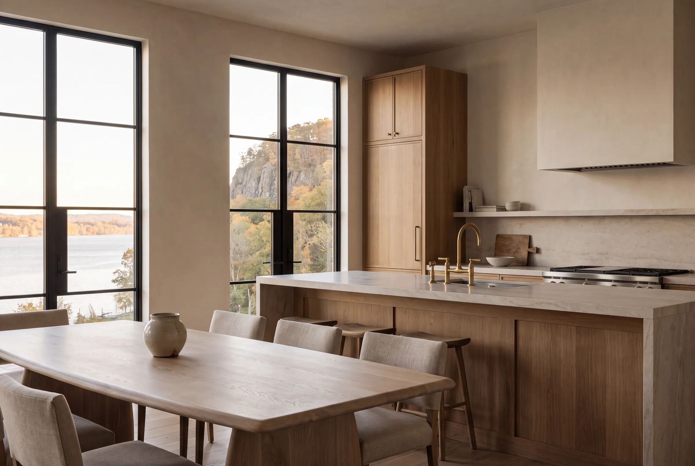 Kitchen and dining area of a stewarded furnished rental, oak cabinetry, stone island, and the Palisades cliff framed in tall steel windows, Northern New Jersey